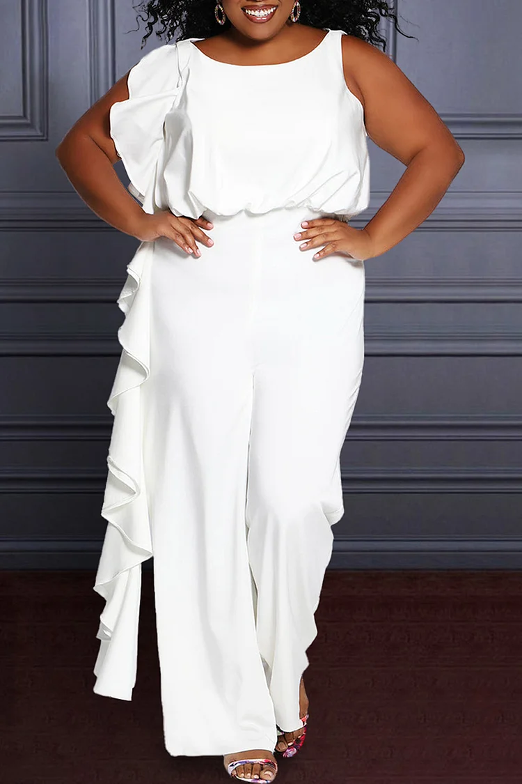 Plus Size White Formal Pleated Ruffle Crew Neck Sleeveless Jumpsuits [Pre-Order]