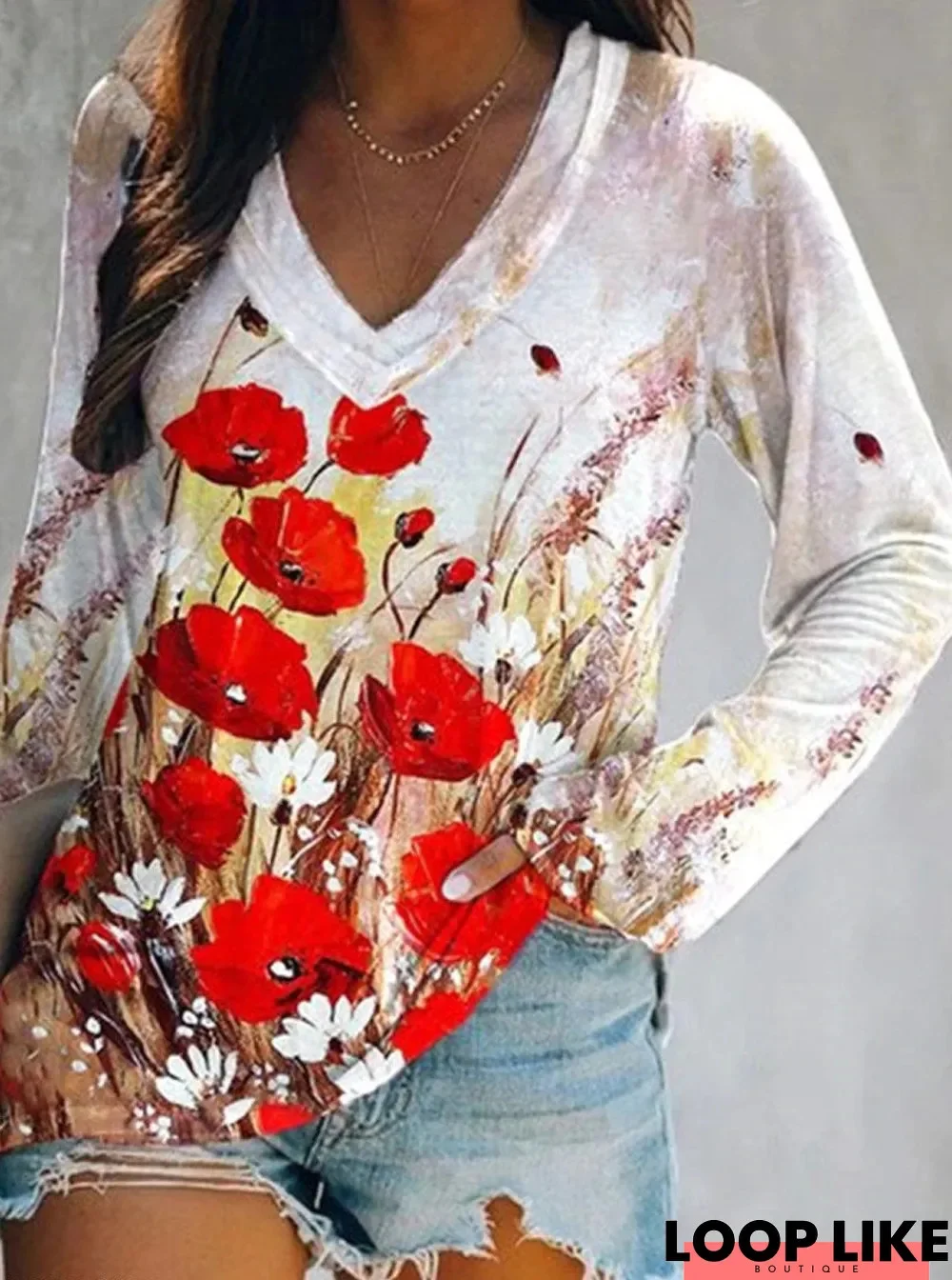 Floral Print Long Sleeve Round Neck Top