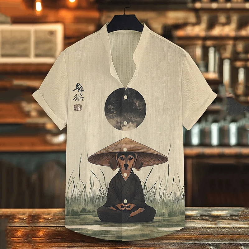 Men's Dog Taoist Meditating Japanese Art Print Short Sleeve Shirt