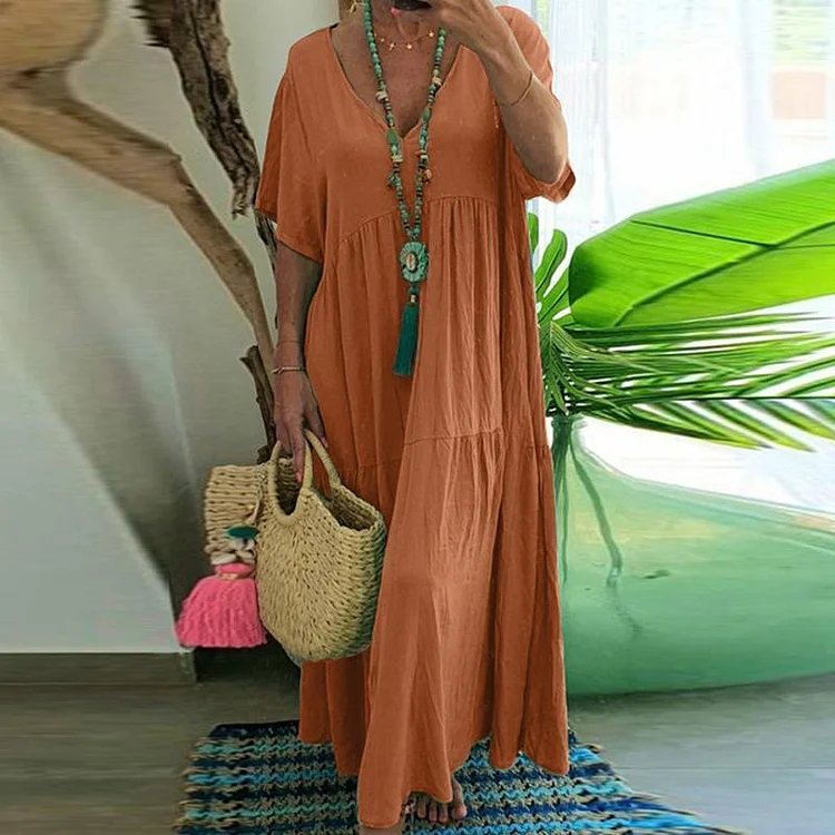 VChics Solid Color V-Neck Short Sleeved Casual Midi Dress