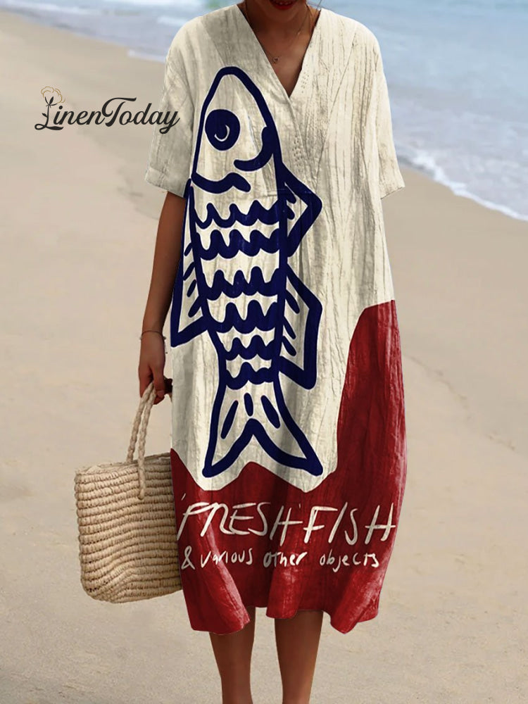 Women’s Vintage Fish Art Print Flowy Dress Dress1 / S