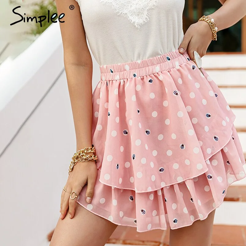 Simplee Pink Cotton High Waist Mini Skirt Casual Ruffled A-line Women Short Skirt Solid Summer Cotton Rmbroidered Female Skirt