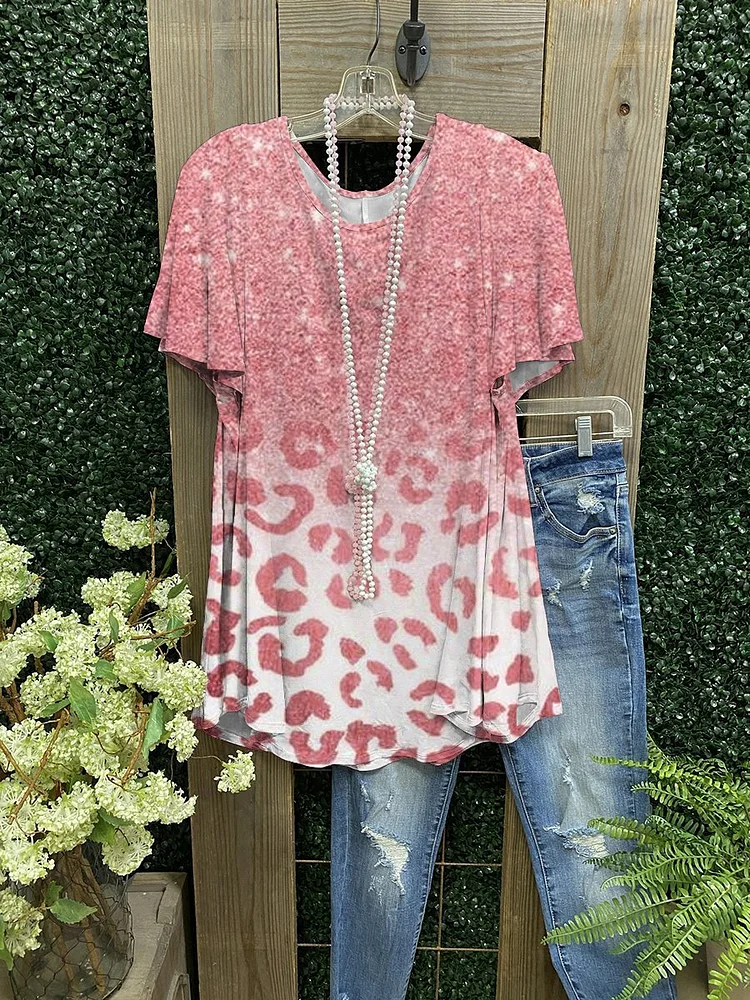 Women Pink Leopard Shiny T-shirt-Mayoulove