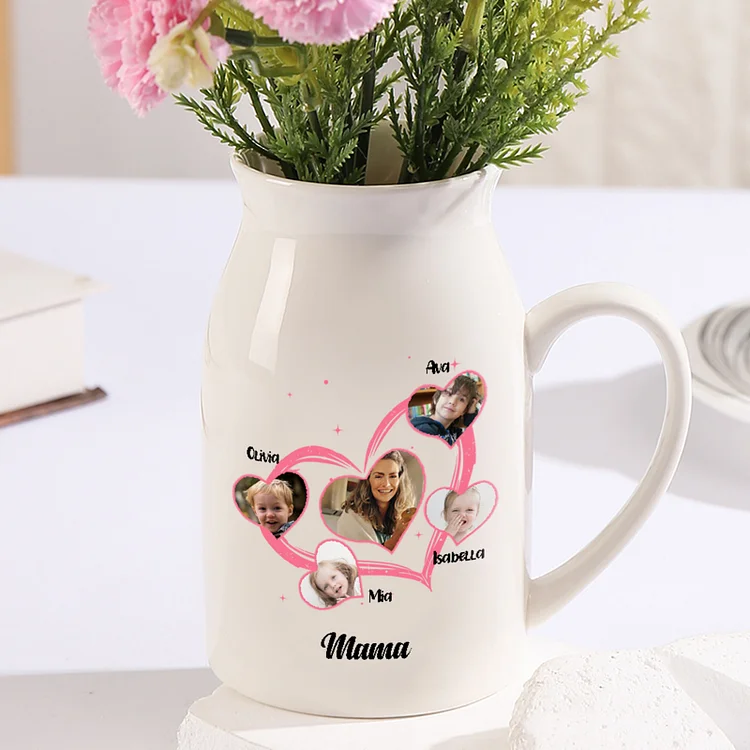 Kettenmachen Personalisierte 4 Namen & 5 Fotos & Text Herz Familie Vase
