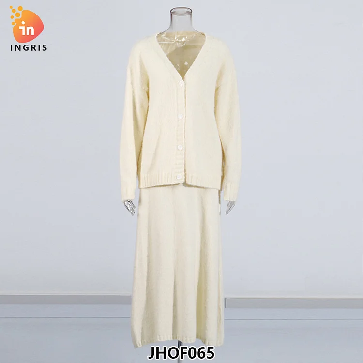 2025 Fall Winter Ladies Knitted Sweater Dress Two Piece Skirt Set Outfit Fuzzy Cardigan Skirt Set for Women-JHOF065