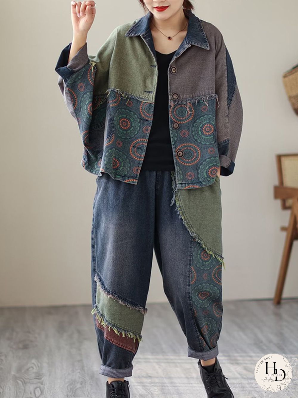Contrast Color Fringed Split-Joint Long Sleeves Printed Outwear Harem Pants Two Pieces Set