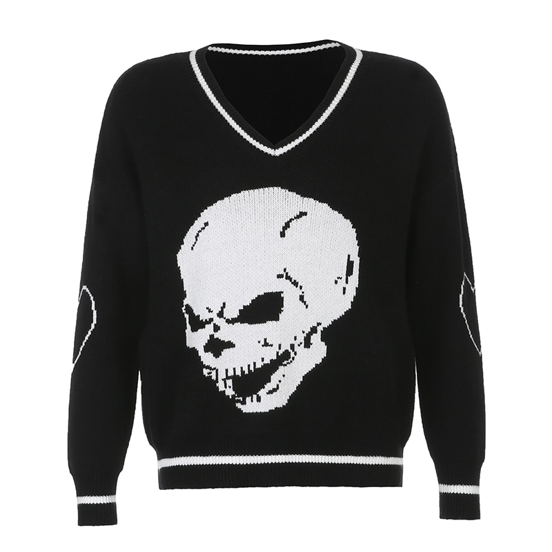 Y2K Sweaters Skulls Pullovers V Neck Knitwear Loose Casual Knitted Tops