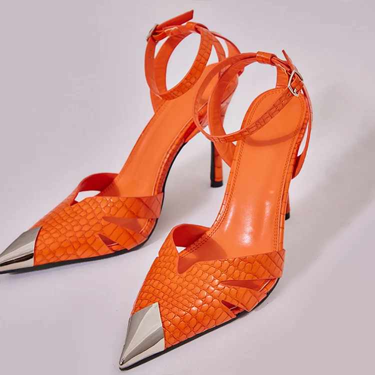 Orange Hollow Out Stiletto Pumps Elegant Pointy Metal Toe Shoes Evening Heels |FSJ Shoes