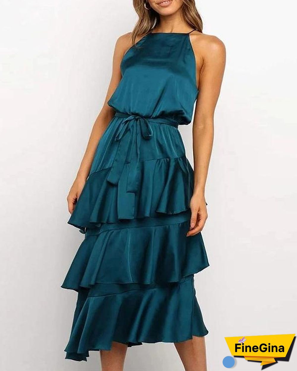 Elegant Solid Irregular Layered Skirt Tie Waist Maxi Dress