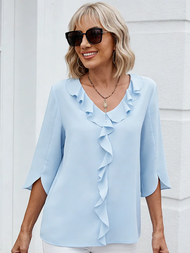 Chiffon Shirt Medium Sleeve V-neck Pleated Ruffle Edge Loose Women's Top