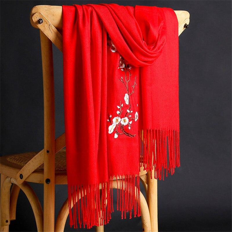 New Winter Lady Soft Wool Shawls Flower Embroidery Cashmere Female Wraps Capes