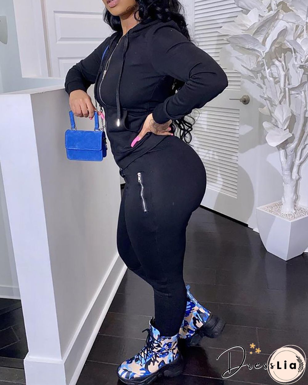 Zipper Design Hooded Top & Pants Set P16450