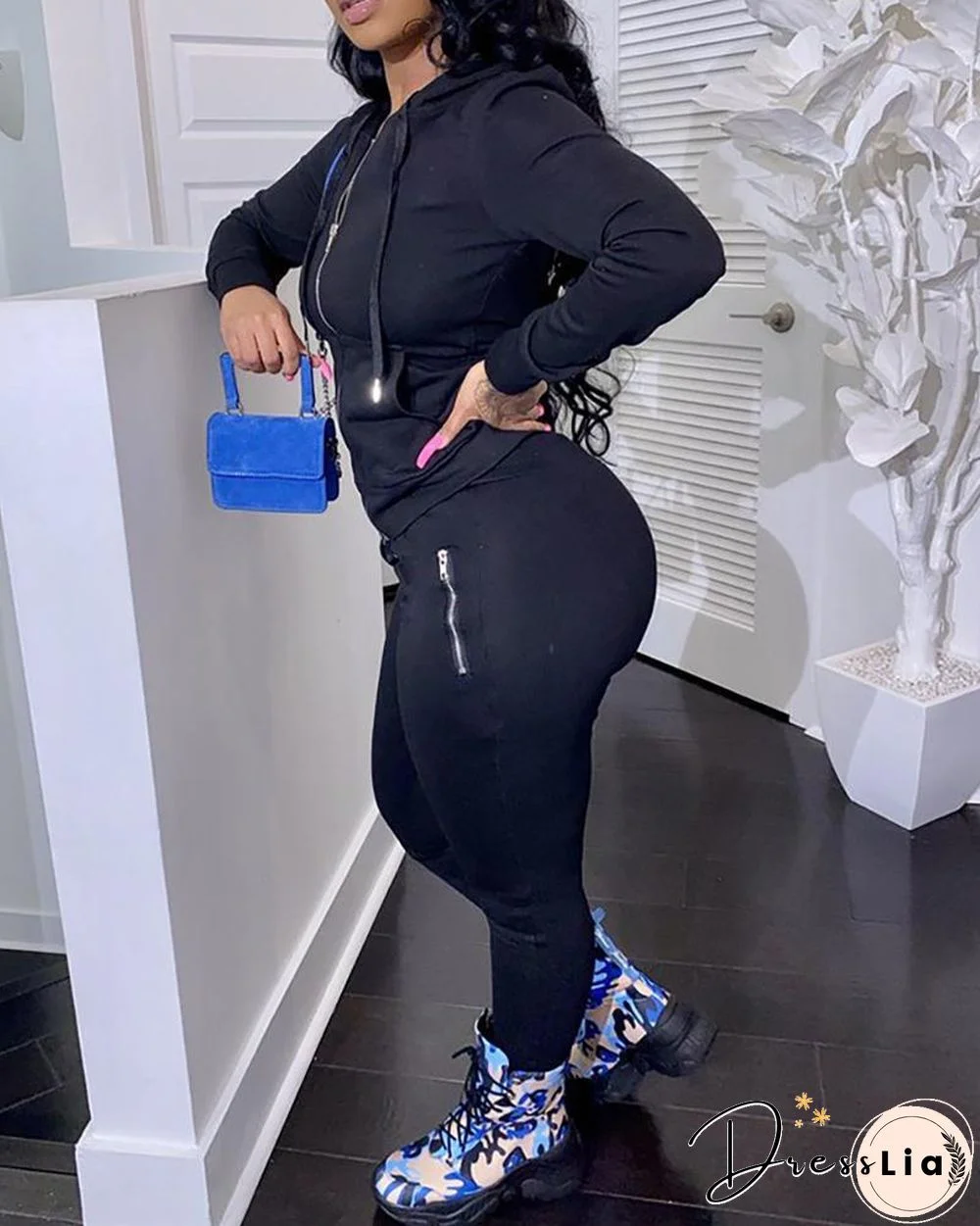 Zipper Design Hooded Top & Pants Set P16450