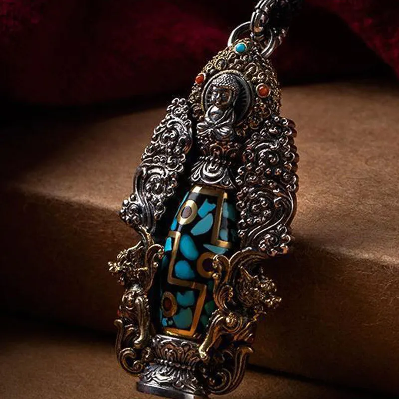 Tibetan Nine-Eye Dzi Bead Turquoise Buddha Wealth Rotation Necklace
