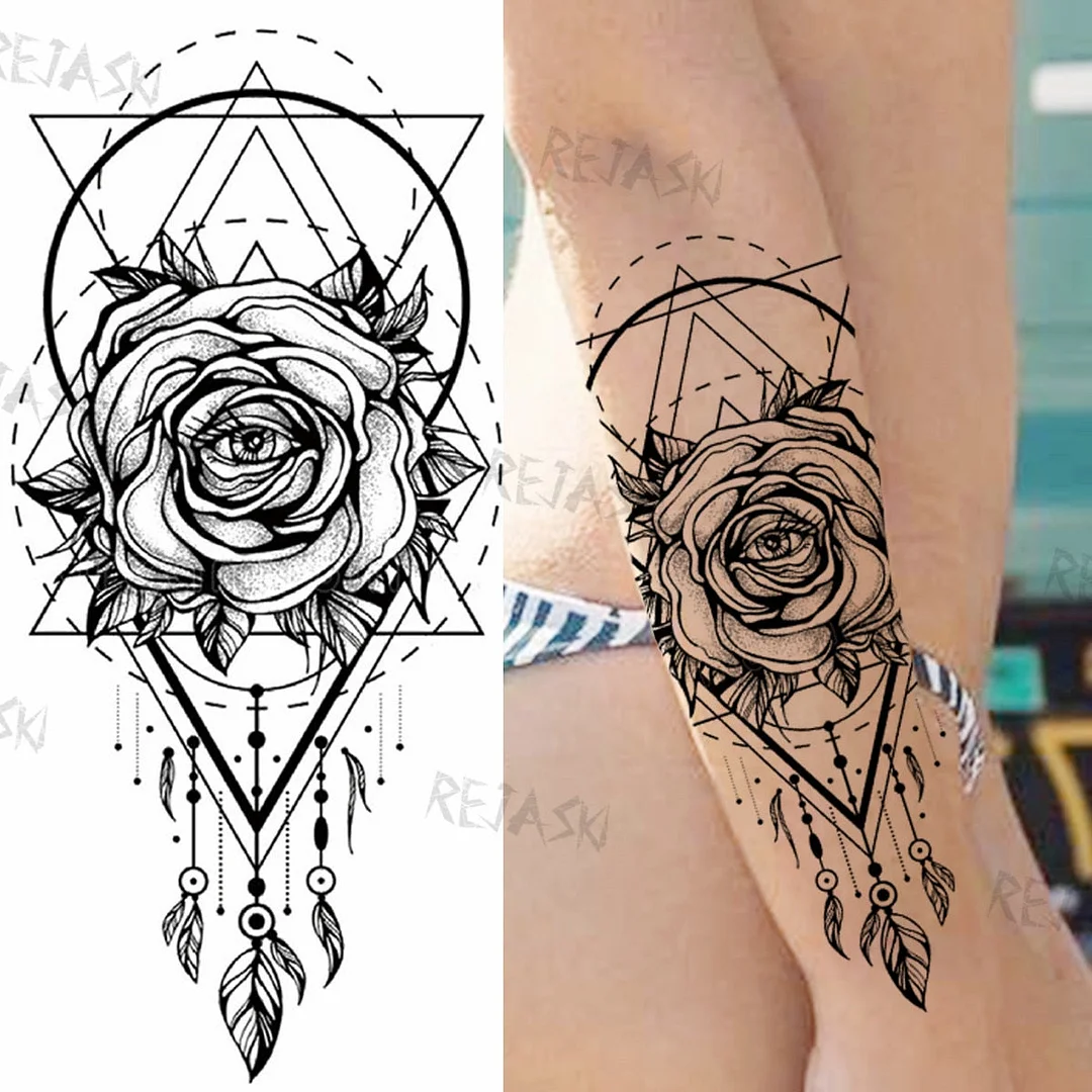 Mandala Flowers Temporary Tattoo For Women Black Henna Mehndi Tattoos Sticker Rose Lace Owl Fake Jewelry Tatoos Body Chest Back