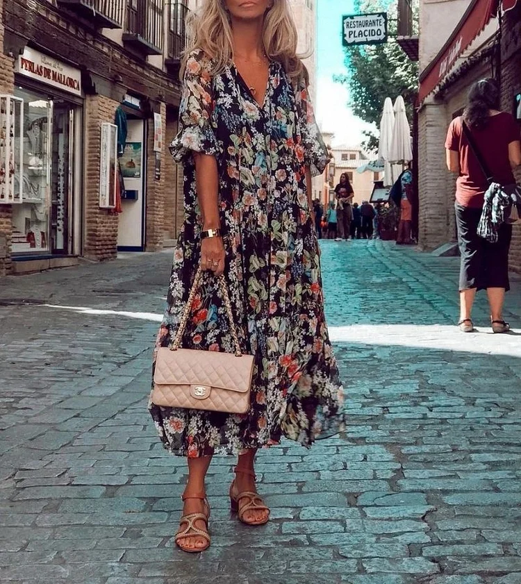 Vintage Animal Print Dress Short Sleeve Ruffled Hem Maxi Dress