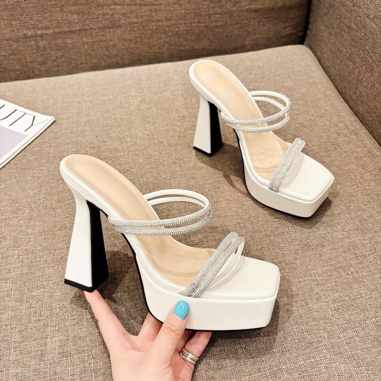 Hedirax Crystal Women Sandals Square Toe High Heels Slippers Platform Chunky Shoes 2025 New Slingback Summer Pumps Woman Sandalias Mujer