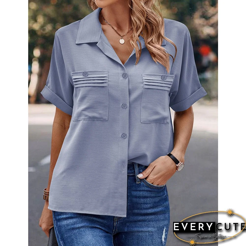 Light Blue Solid Pleated Button Pocket Short Sleeve Shirt