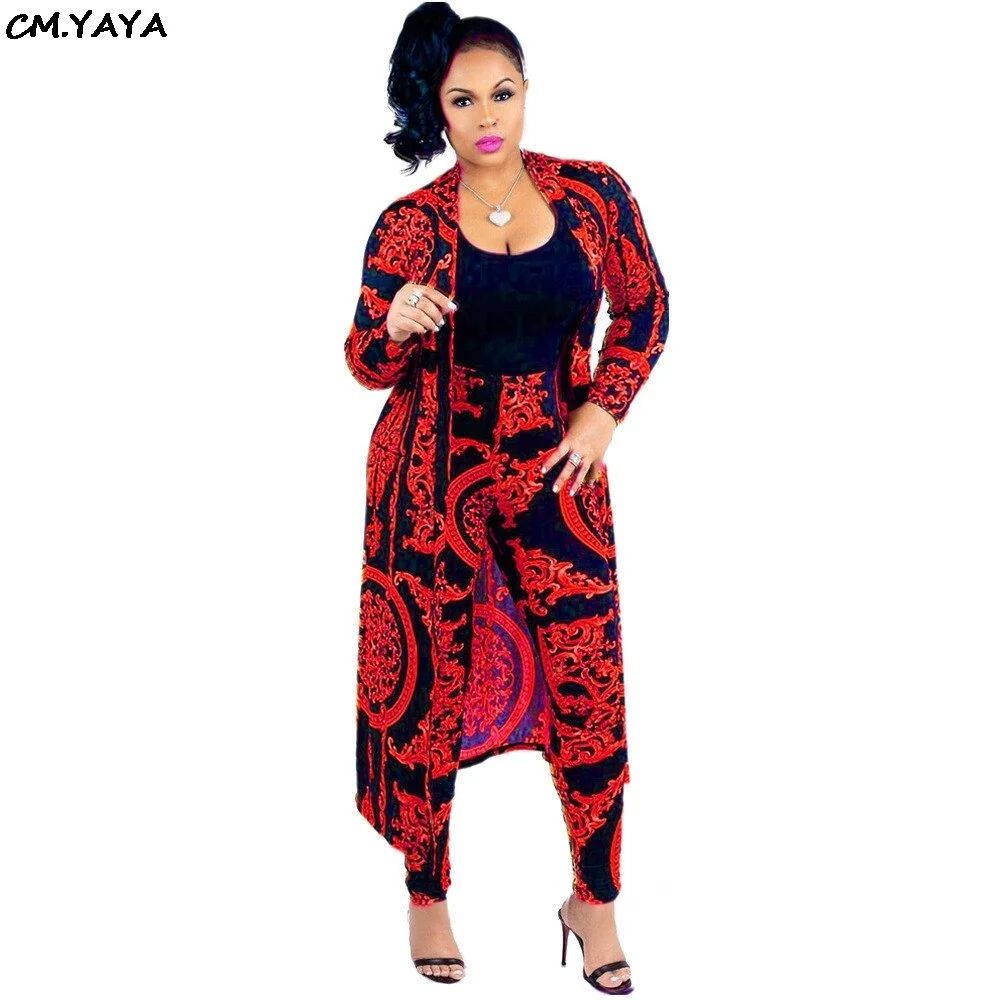 Women's tracksuit fashion sexy long sleeve X-long national print trench coat skinny leggings 2 piece sets suits outfits X9041