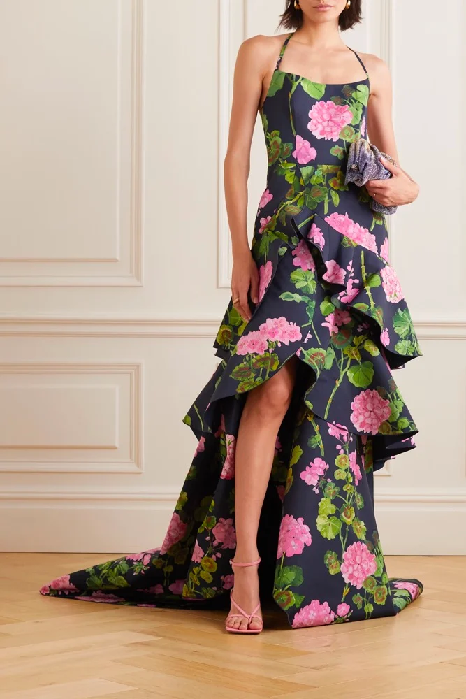 Ruffled floral-print silk-faille halterneck gown