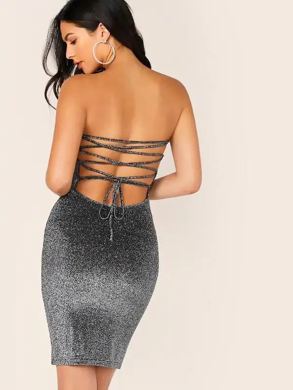 Lace Up Tie Back Glitter Bodycon Tube Dress