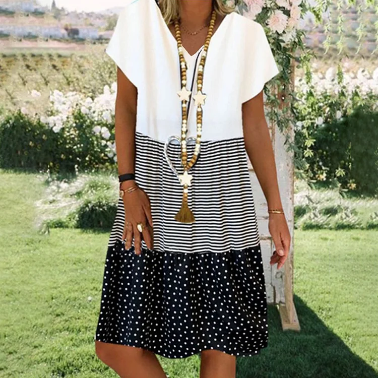 V-neck Fashion Contrast Short Sleeve Dress