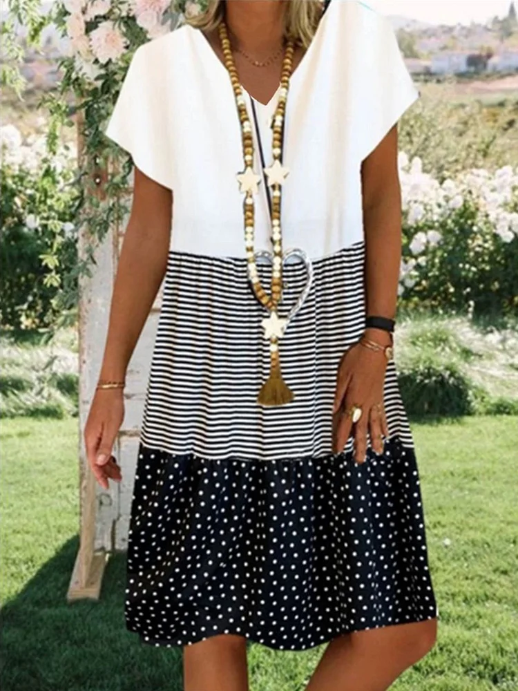 Neck Short Sleeve Cotton-Blend Dresses