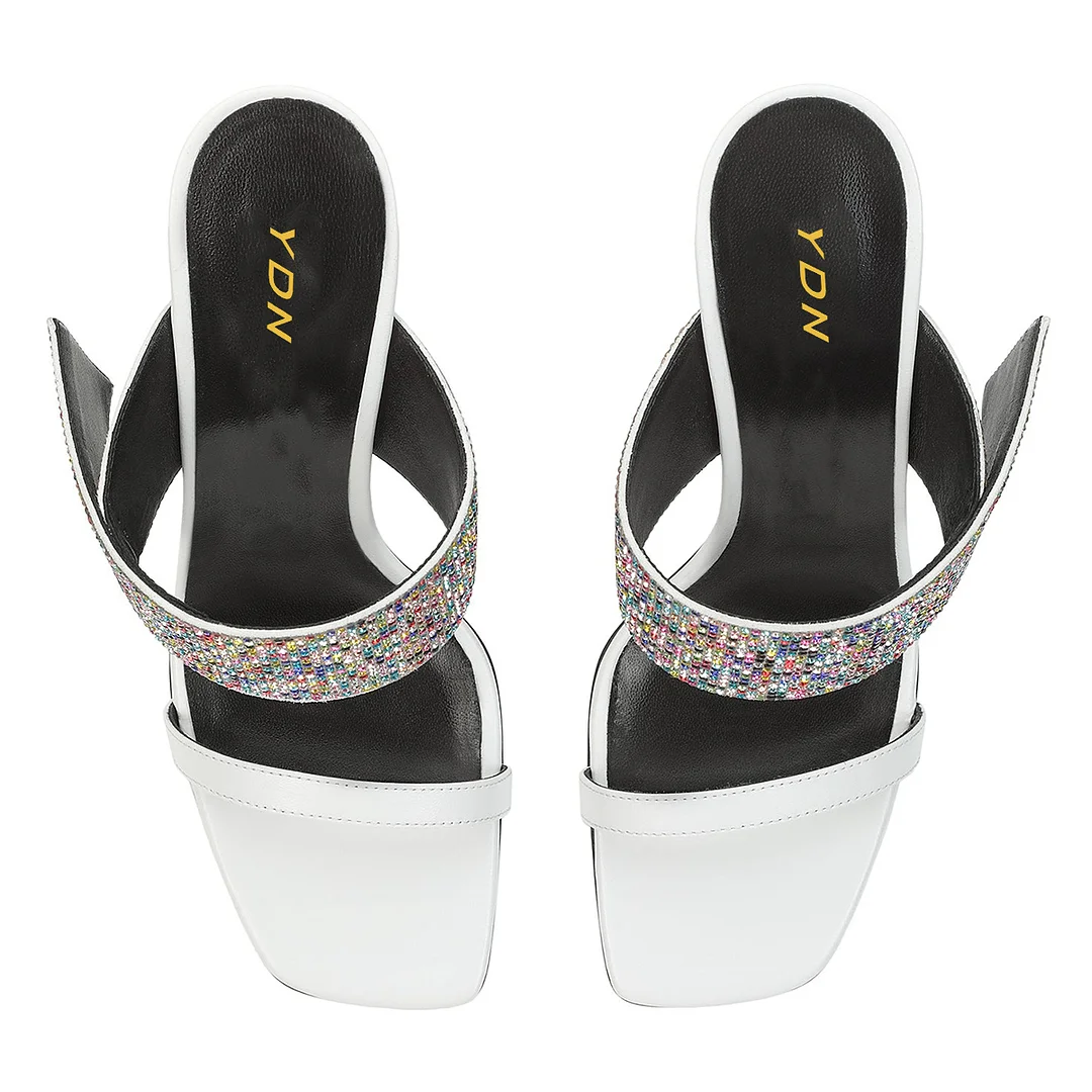 White Satin Square Toe Colorful Rhinestone Embellished Decorative Heel