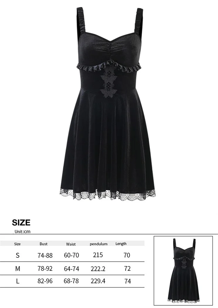 Jangj Gothic Velvet Black Mini Dress Lace Trim Slip Sundress E Girl Grunge Y2k Vestidos Goth Mall Dark Backless Dresses Vintage Robe