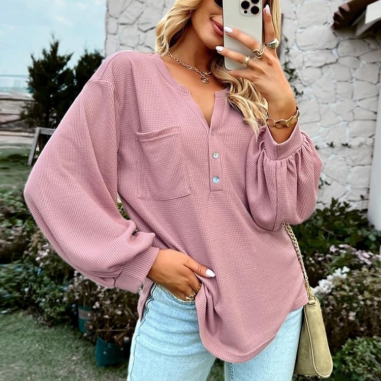Casual Plain Textured Fabric Pullover Long Sleeve Top