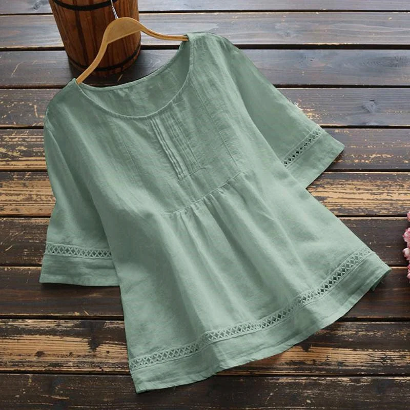 Uveng Summer Solid Color Cotton Linen Half Blouses