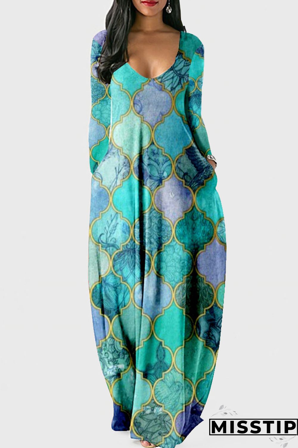 Cyan Fashion Casual Print Patchwork V Neck Long Sleeve Dresses