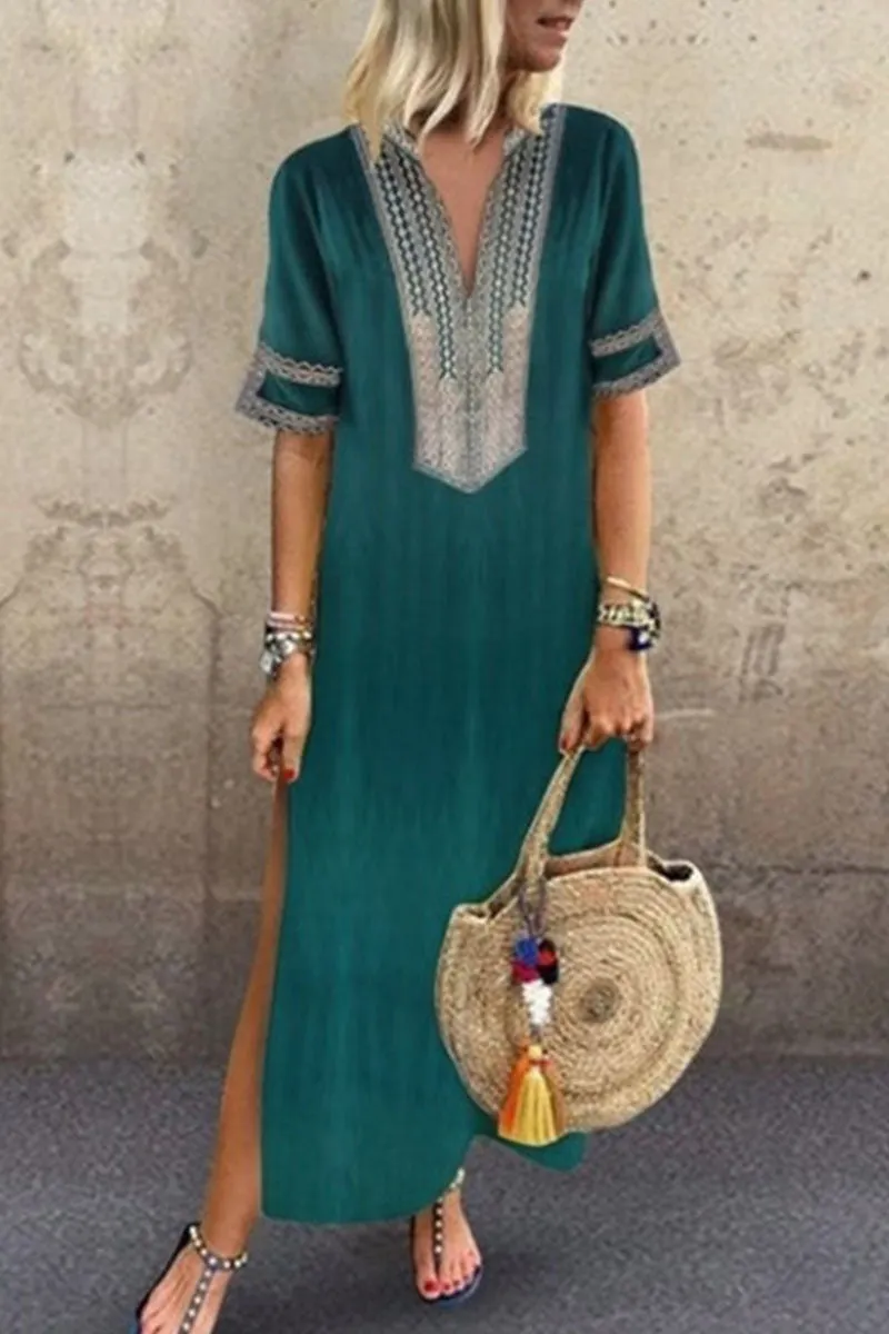 Fashion Celebrities Print Patchwork V Neck Printed Dress(6 Colors)