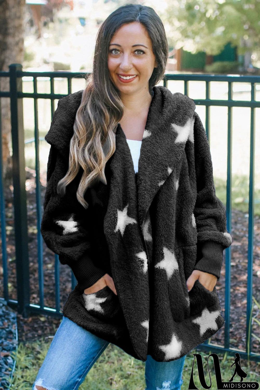 MidiSono - Lapel Collar Scatter Star Fuzzy Coat