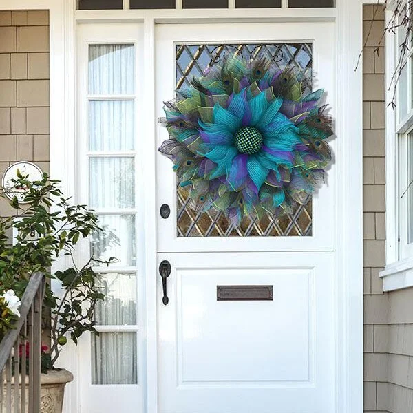 Peacock Pattern Burlap Sunflower Wreath Outdoor Summer Wreaths For Front Door