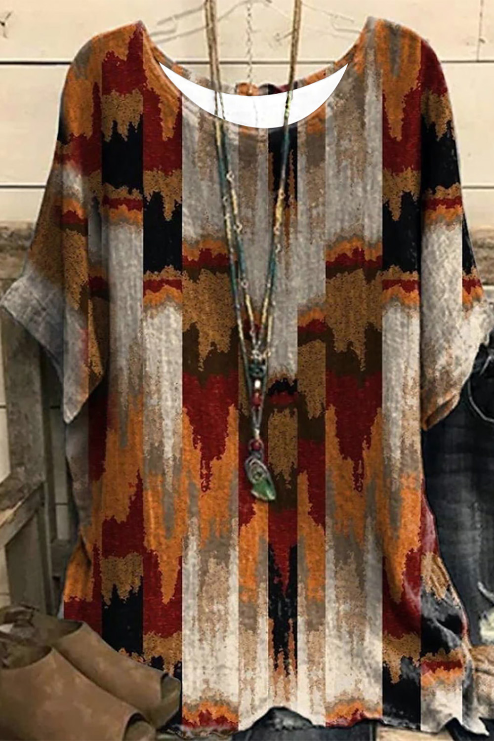 Flycurvy Plus Size Casual Brown Linen Colorblock Artistic Graffiti Print Blouse 2024 - Flycurvy 