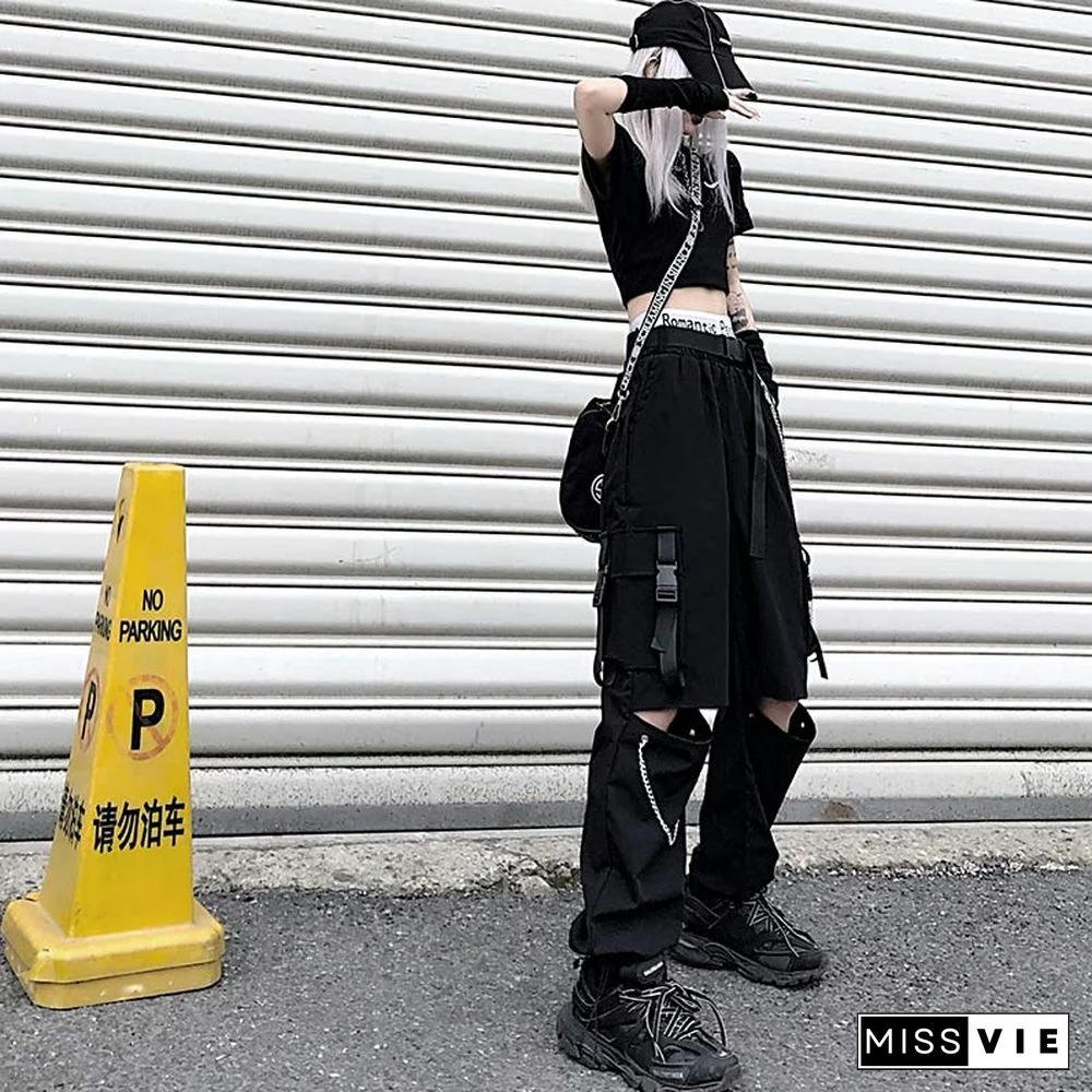 Casual Pants Chain Broken Hole Elastic Waist