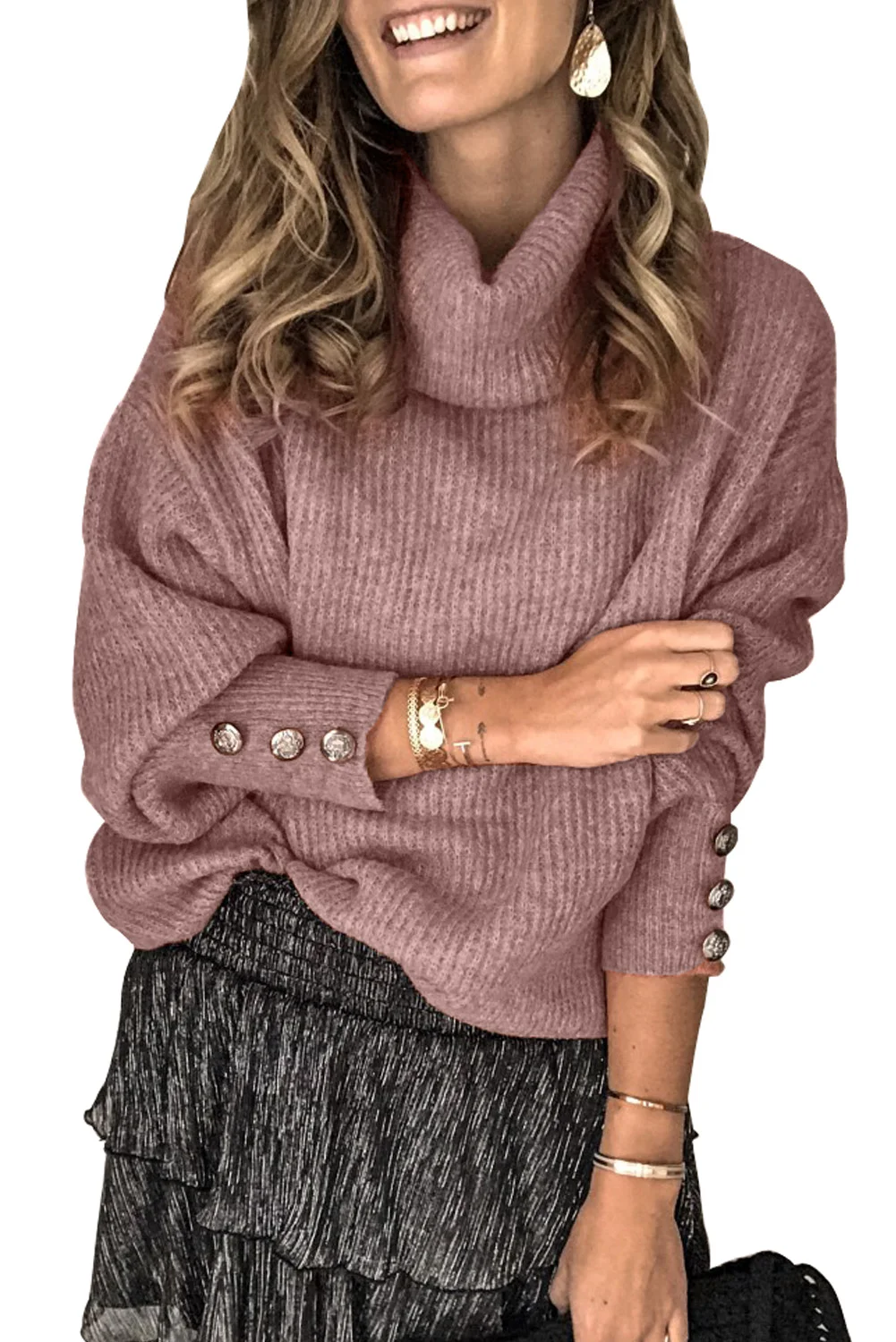 Lantern Sleeve Turtleneck Pullover Sweater