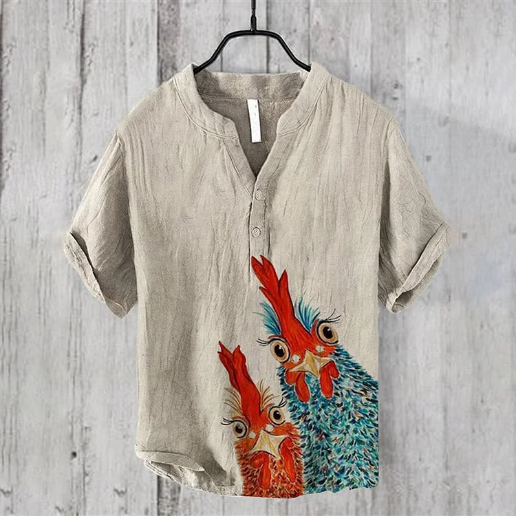 Japanese  Drawing Colored Rooster Portrait Print Linen Blend Cozy Shirt