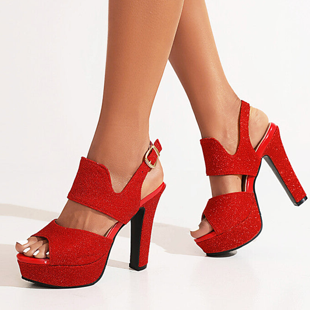 Red Glitter Open Toe 4'' Chunky Heel Strappy Platform Sandals Nicepairs