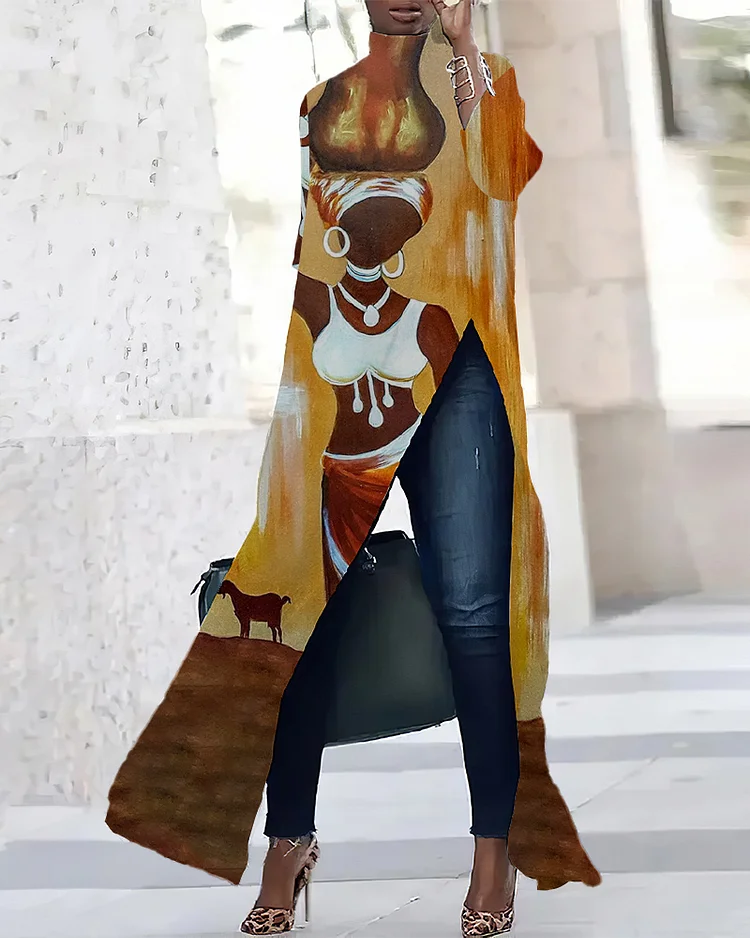 Ethnic Prints Three-quarter Sleeve Slit T-shirt Dress