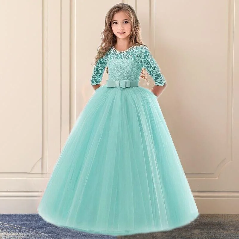 Embroidery Girls Lace Dress For Wedding Party Dresses Floral Ceremony Formal Ball Gown Kids Dresses For Girls Robe Fille 8 9 14Y