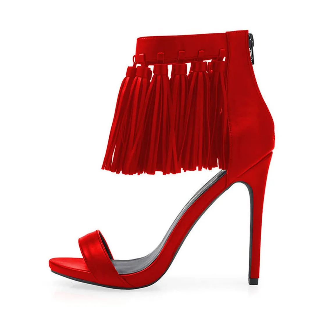 Vegan Leather Tassel Open Toe Zipper Stiletto Heeled Sandals in Red