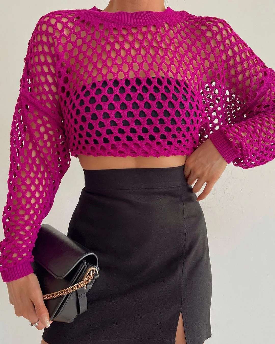 Nigikala Nigikala Spring And Summer New Knitted Shirt Horn Sleeve Loose Round Collar Hollow Sweater Woman