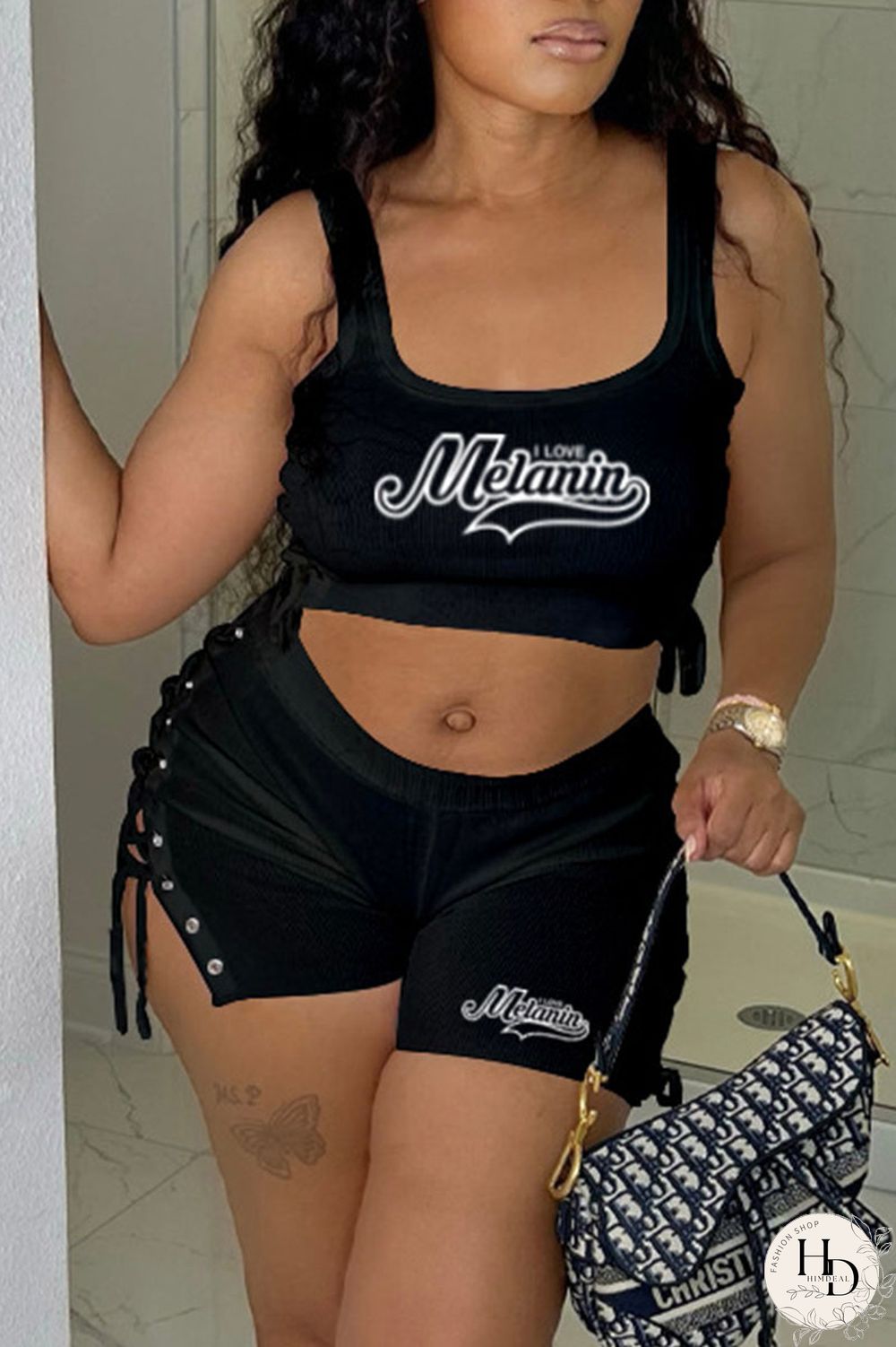 Black Casual Print Bandage U Neck Sleeveless Two Pieces