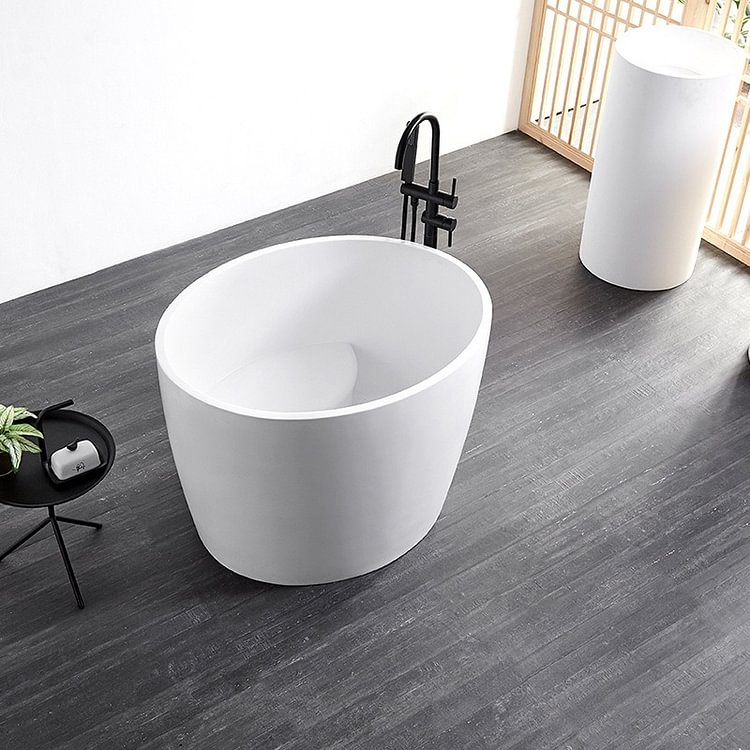 Homemys 39.37" Modern Deep Oval Freestanding Matte White Stone Resin Soaking Bathtub
