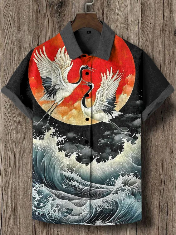 Men's Japanese Great Waves Cranes Print Short Sleeve Shirt