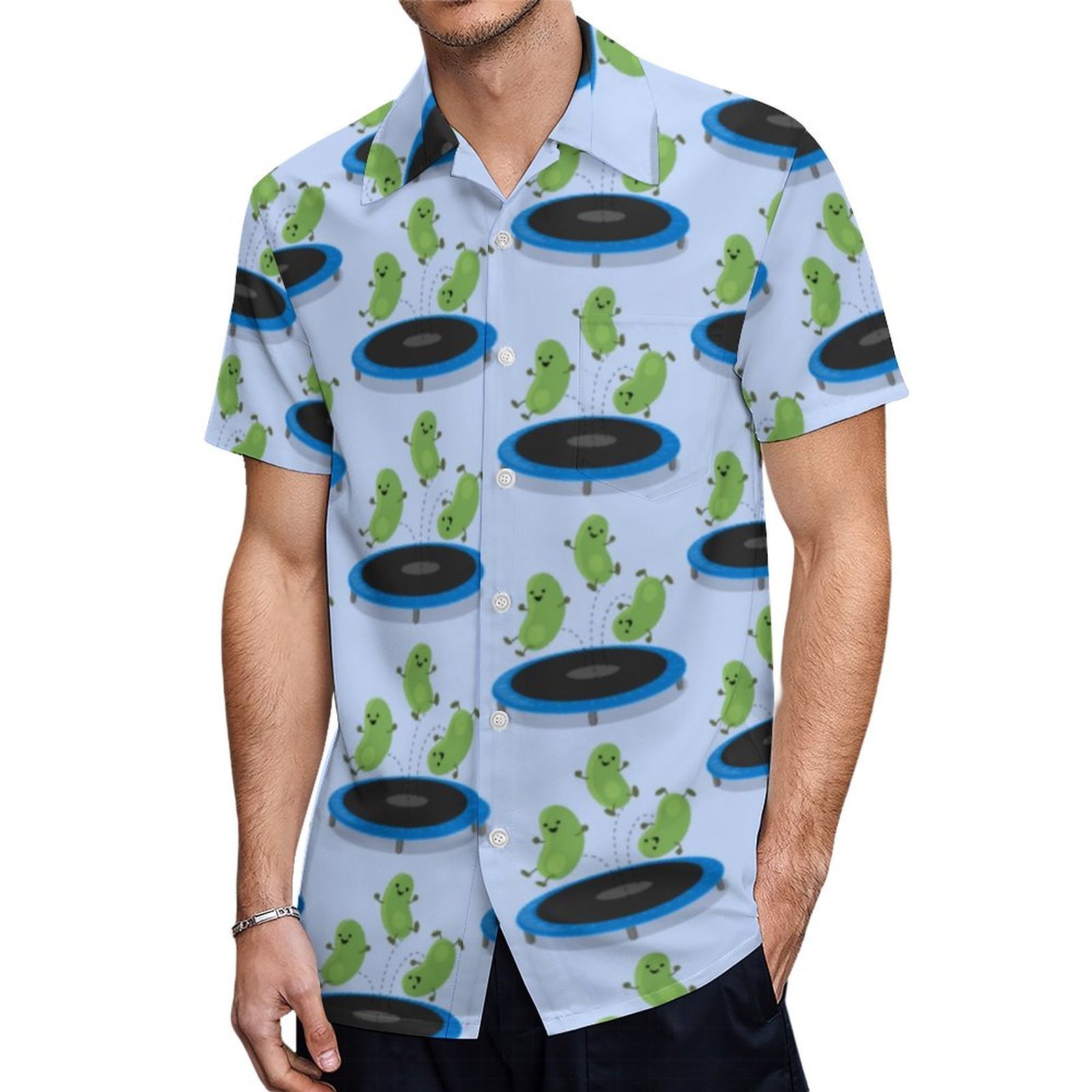 Cute Funny Green Beans On Trampoline Cartoon Hawaiian Shirt Mens Button Down Tropical Hawaii Beach Shirts