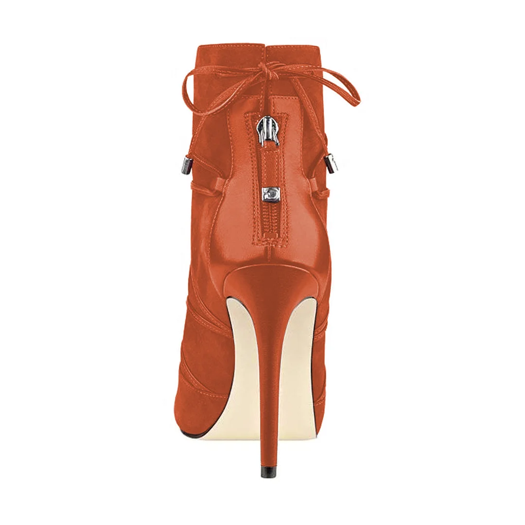 Orange Faux Suede Peep Toe Back-Zip Ankle Booties for Elegant Ladies