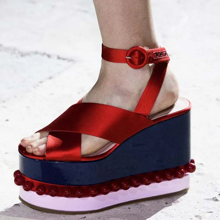 Burgundy Pearls Satin Heel Women's Cross Strap Sandal Buckle Wedges |FSJ Shoes